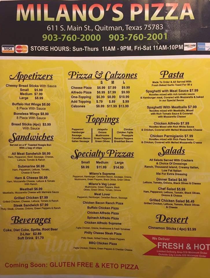 milanos pizza quitman Menu image 1